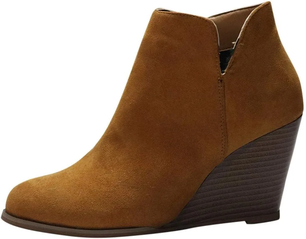 Ankle Booties for Women V Cut,Women's Wedges Ankle Boots Retro Cutout Comfy Short Boots Stacked Chunky Block Heels Shoes