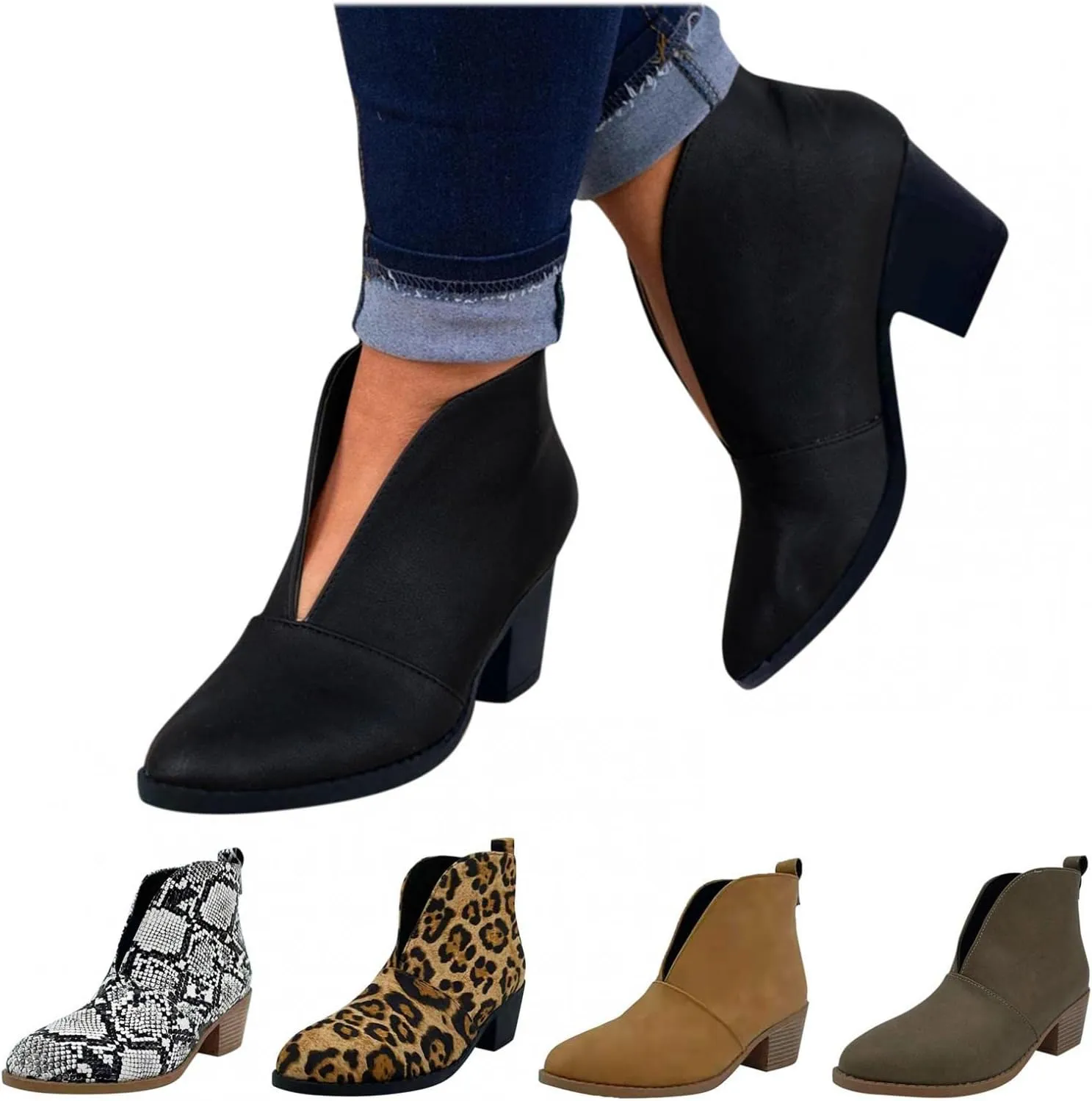 Ankle Booties for Women V Cut,Women's Wedges Ankle Boots Retro Cutout Comfy Short Boots Stacked Chunky Block Heels Shoes