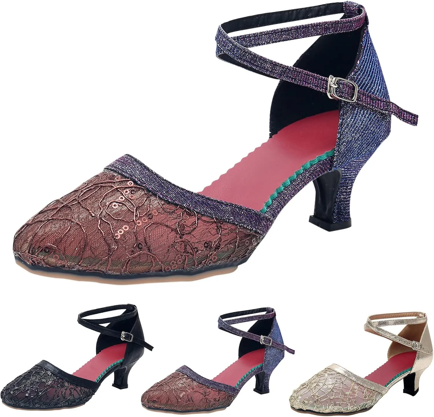 Block Heels for Women Latin Dance Shoes Chunky Heeled Ballroom Tango Strappy Heels Party Sequin Dance Shoes