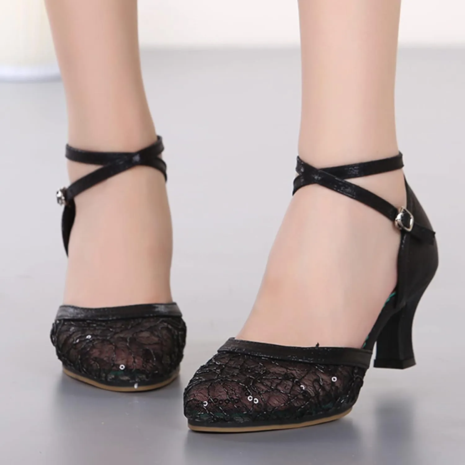 Block Heels for Women Latin Dance Shoes Chunky Heeled Ballroom Tango Strappy Heels Party Sequin Dance Shoes