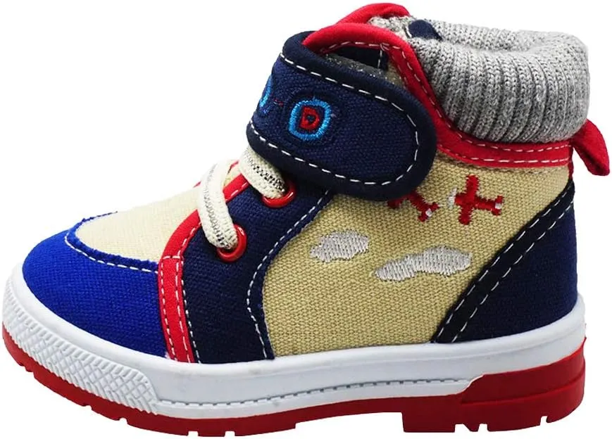 Boys Canvas Ankle Booties Knitted Collar Embroidered Hook and Loop Hiking Boots (Infant/Toddler/Littler Kid) Jet
