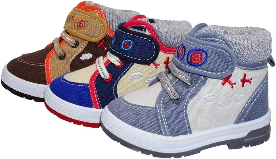 Boys Canvas Ankle Booties Knitted Collar Embroidered Hook and Loop Hiking Boots (Infant/Toddler/Littler Kid) Jet