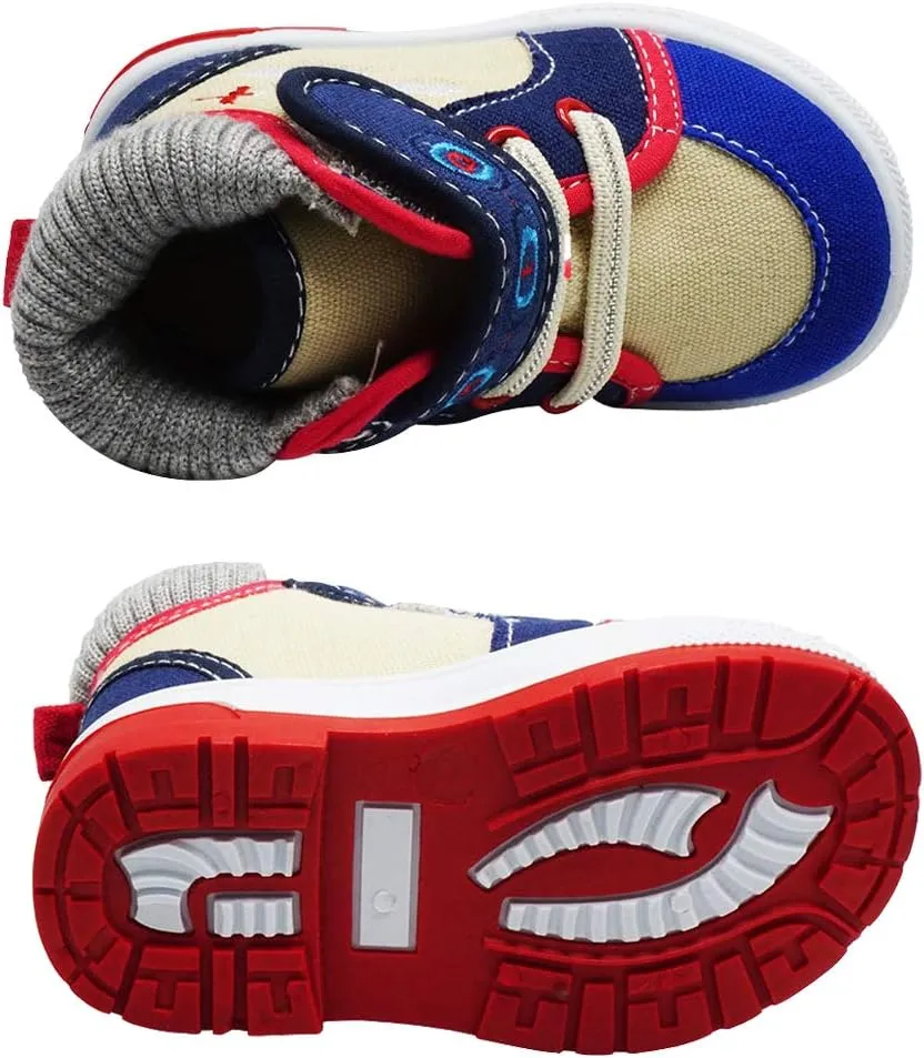 Boys Canvas Ankle Booties Knitted Collar Embroidered Hook and Loop Hiking Boots (Infant/Toddler/Littler Kid) Jet