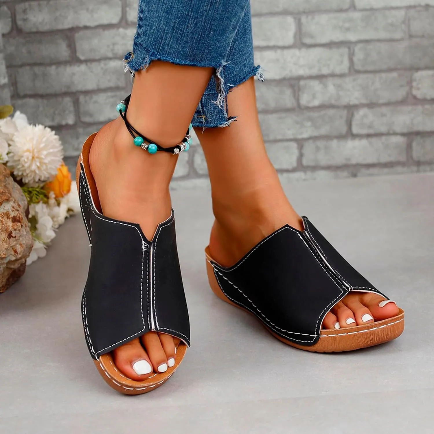 Cathalem Flat Sandals for Women, Orthopedic Arch Support Flat Slip on Wide Width Leather Platform Wedge Slides Sandals