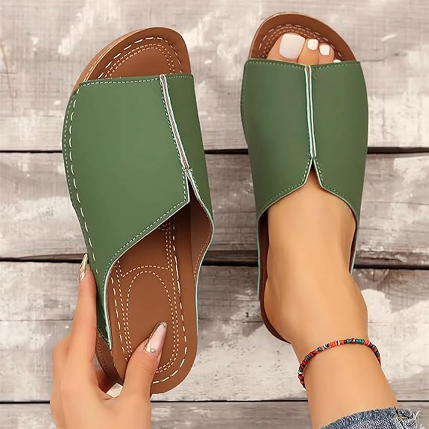 Cathalem Flat Sandals for Women, Orthopedic Arch Support Flat Slip on Wide Width Leather Platform Wedge Slides Sandals