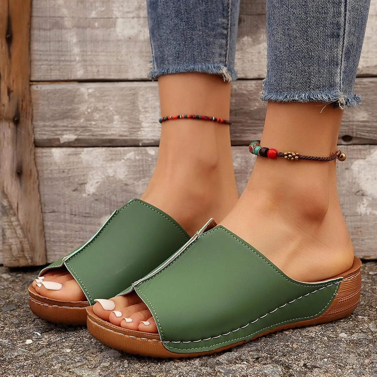 Cathalem Flat Sandals for Women, Orthopedic Arch Support Flat Slip on Wide Width Leather Platform Wedge Slides Sandals