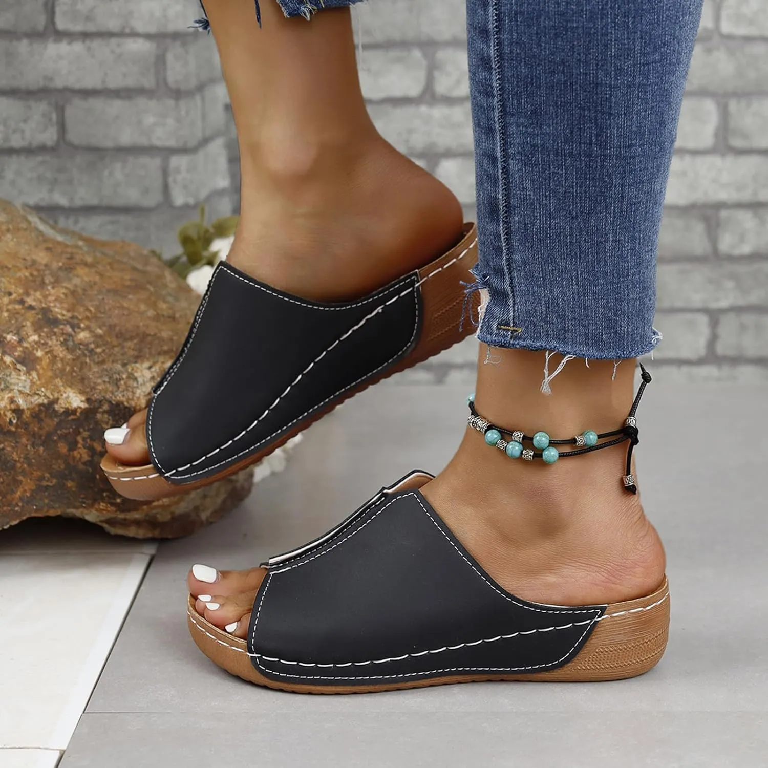 Cathalem Flat Sandals for Women, Orthopedic Arch Support Flat Slip on Wide Width Leather Platform Wedge Slides Sandals