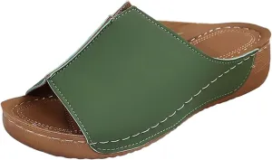 Cathalem Flat Sandals for Women, Orthopedic Arch Support Flat Slip on Wide Width Leather Platform Wedge Slides Sandals