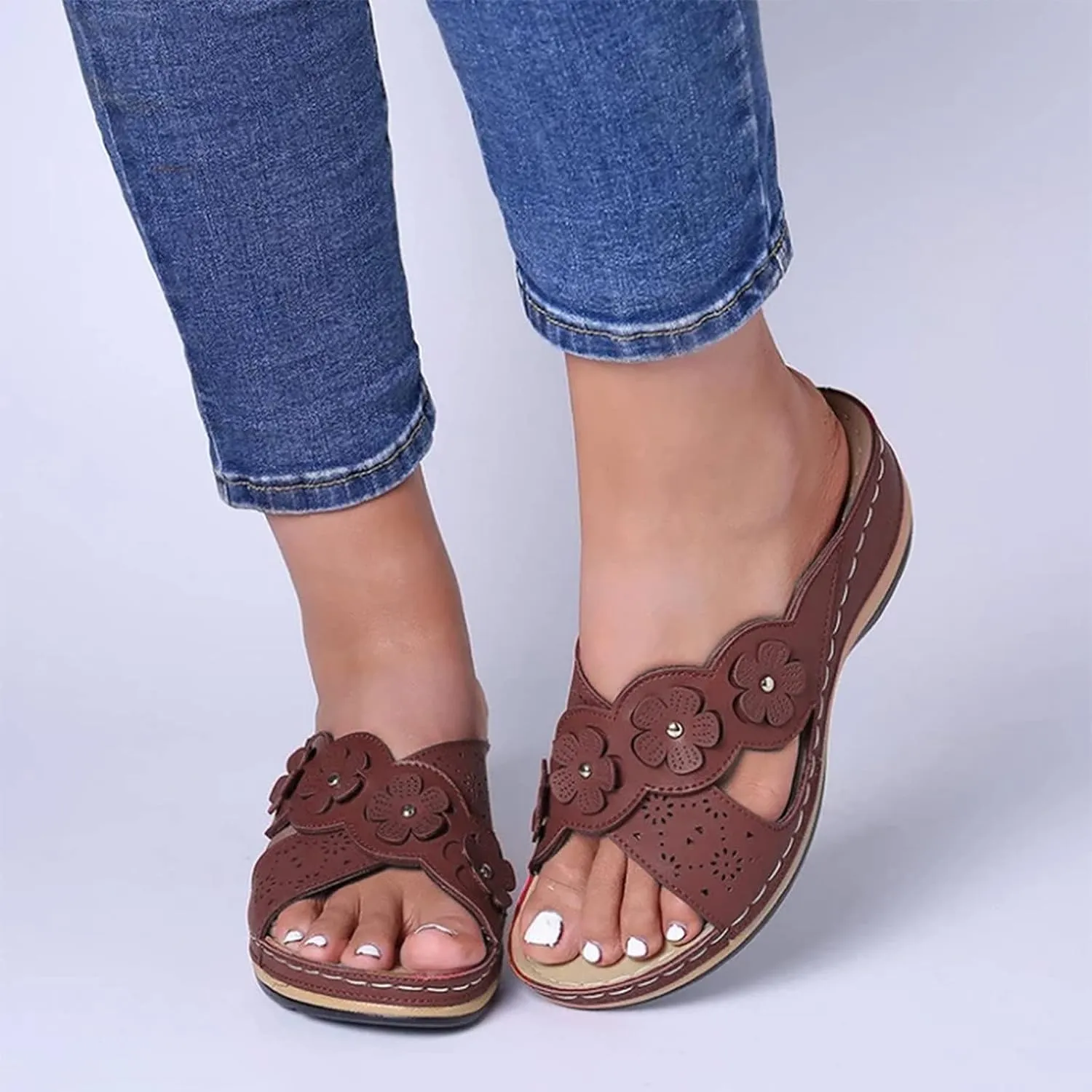 Cathalem Orthopedic Sandals for Women Slip On Walking Slippers with Arch Support Cushion Platform Sandals Dressy Summer