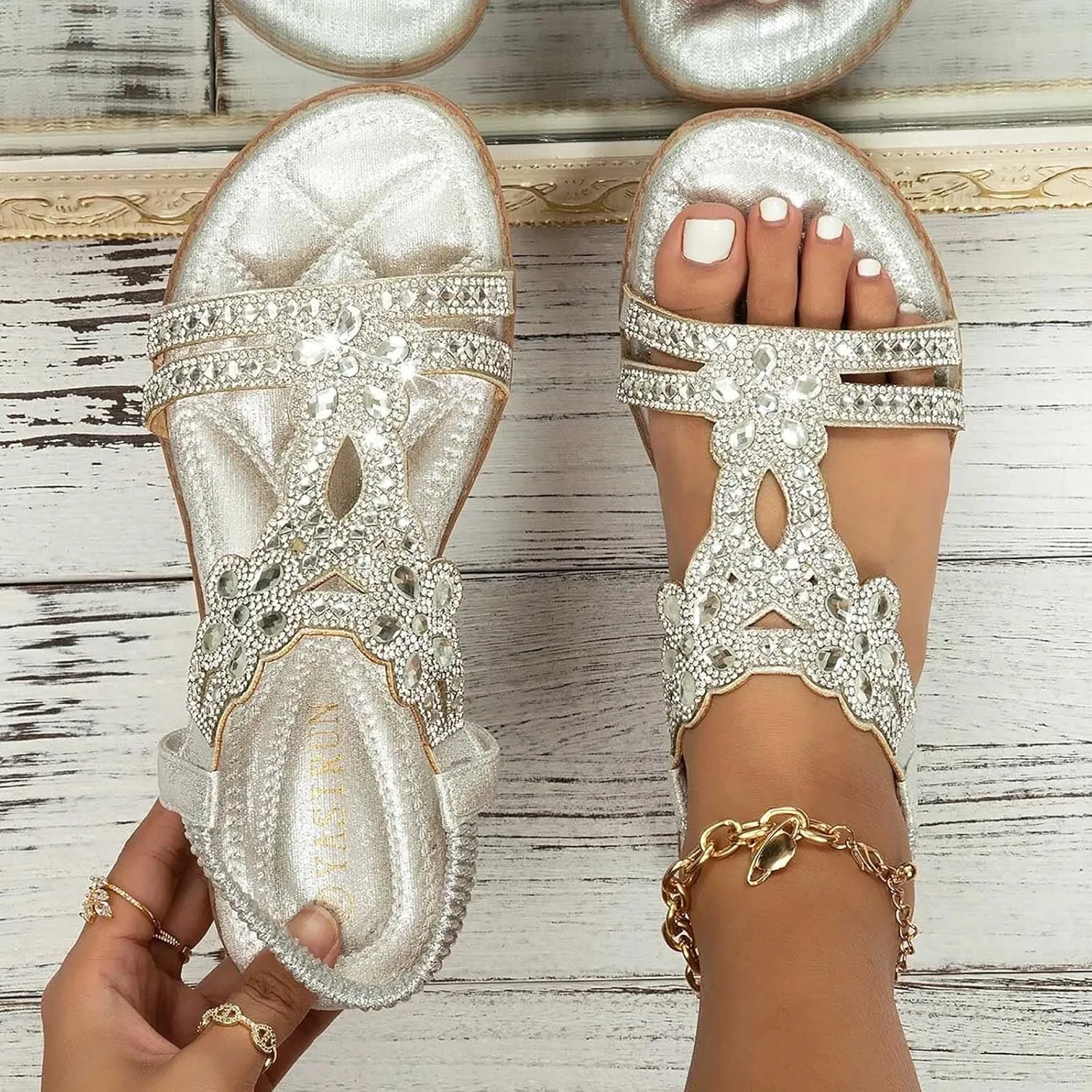 Cathalem Sandals For Women Dressy Summer Rhinestone Fashion Hollow Out Zipper Open Toe Low Wedge Sandals