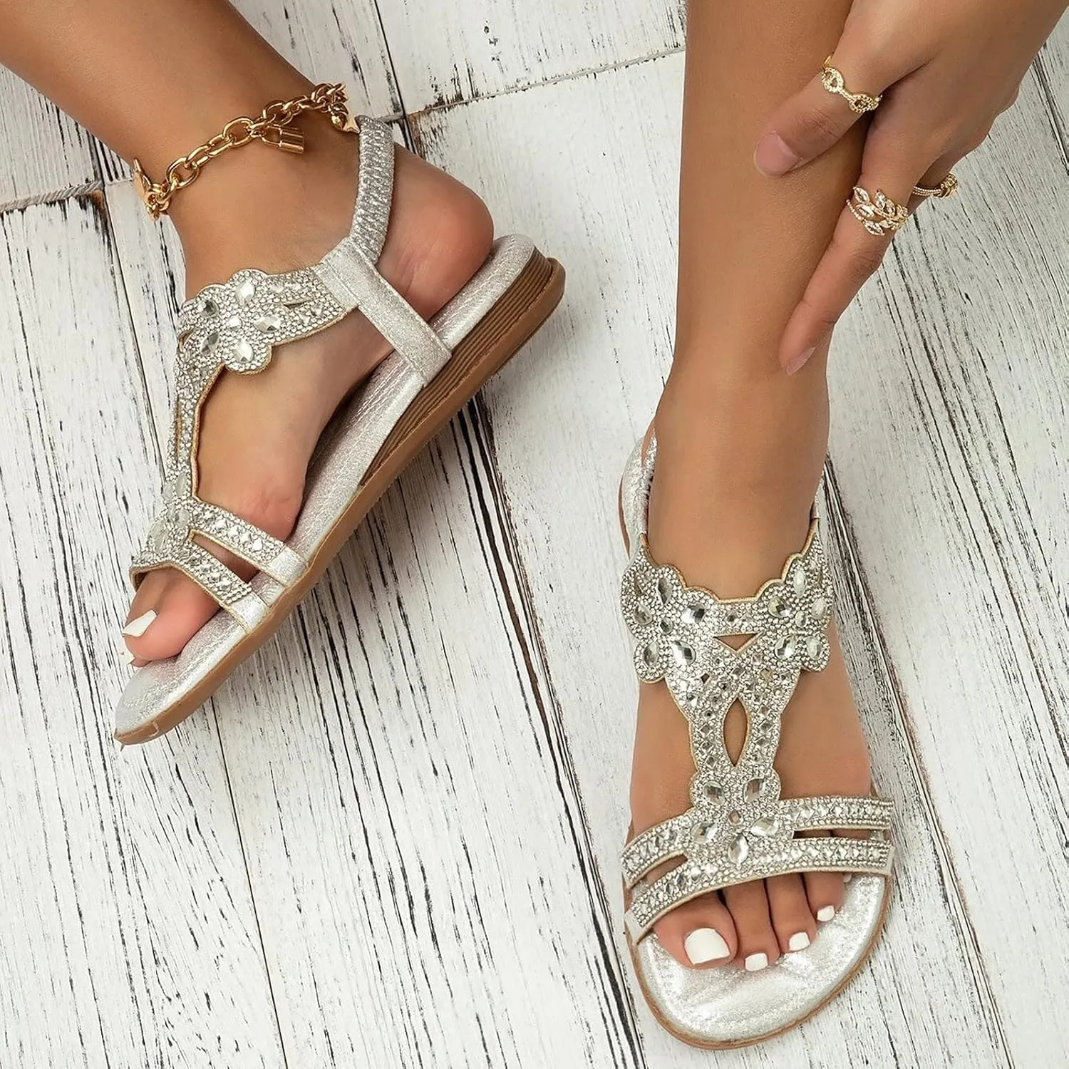 Cathalem Sandals For Women Dressy Summer Rhinestone Fashion Hollow Out Zipper Open Toe Low Wedge Sandals