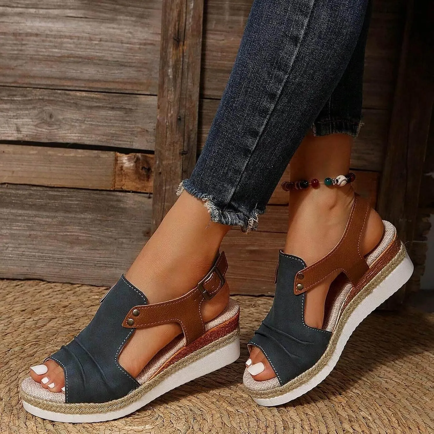 Cathalem Sandals Women Orthopedic Flat Open Toe Ankle Strap Espadrilles Sandals Casual Strappy Slip on Sandals Boho Sandals