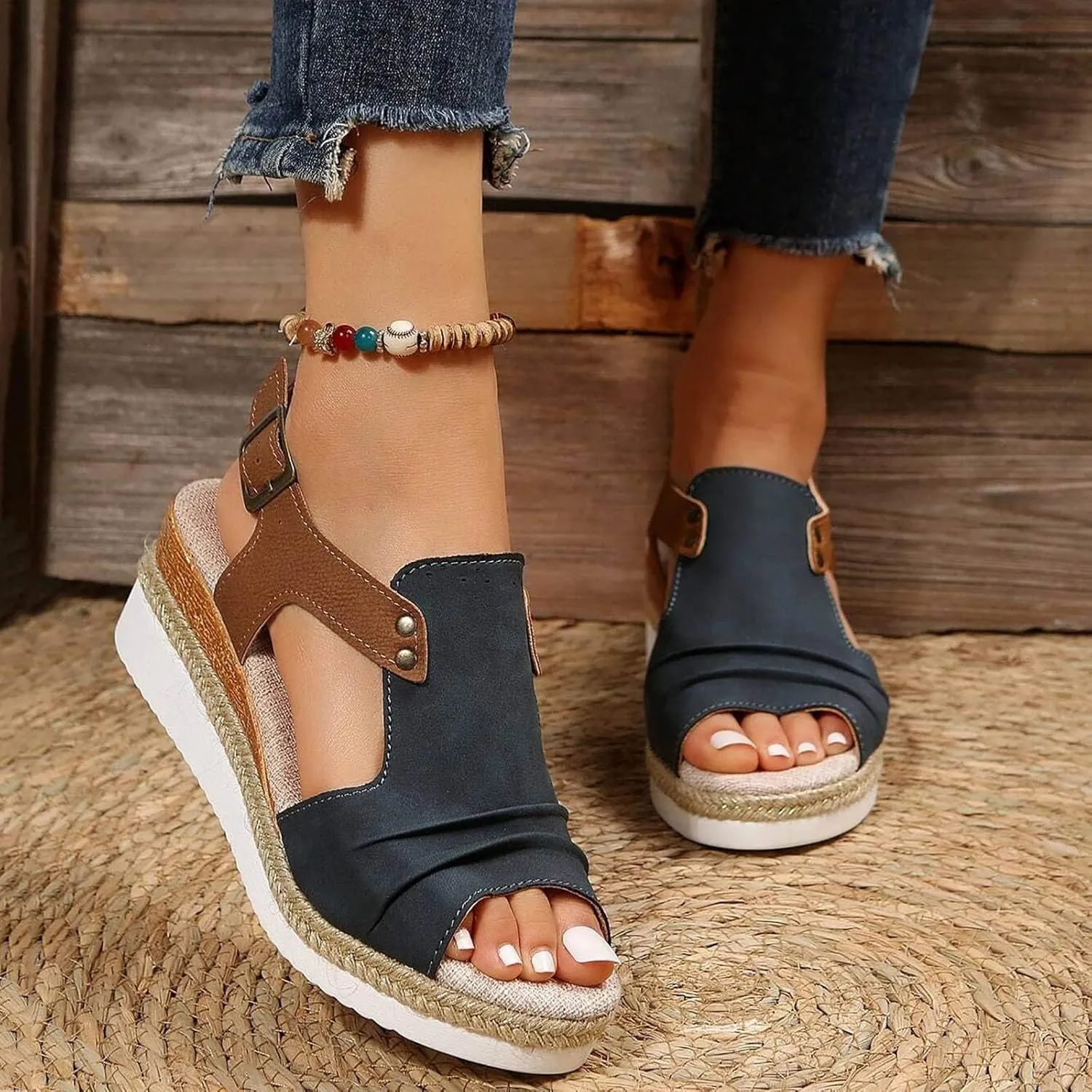 Cathalem Sandals Women Orthopedic Flat Open Toe Ankle Strap Espadrilles Sandals Casual Strappy Slip on Sandals Boho Sandals