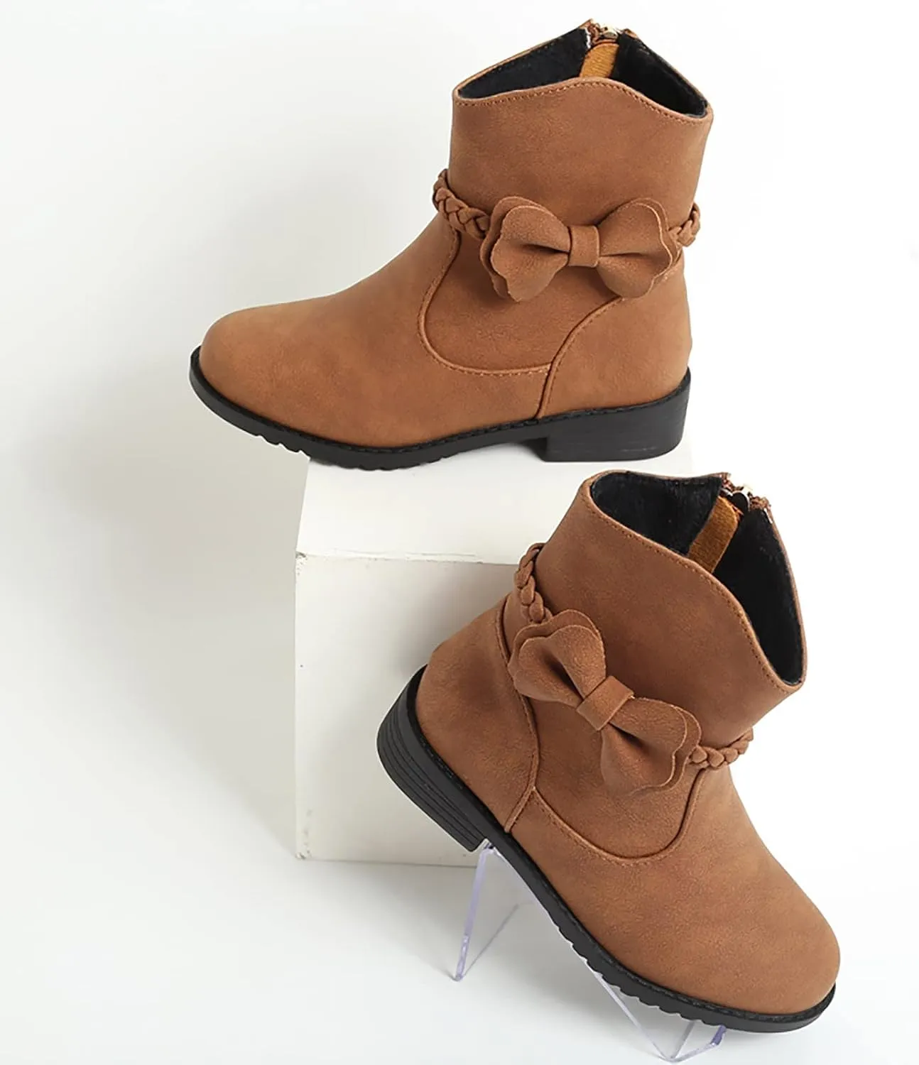 Childrens Leather Side Zipper Booties With Bows Kids Girls aterproof Ankle Boots Toddler Light Cozy Shoes