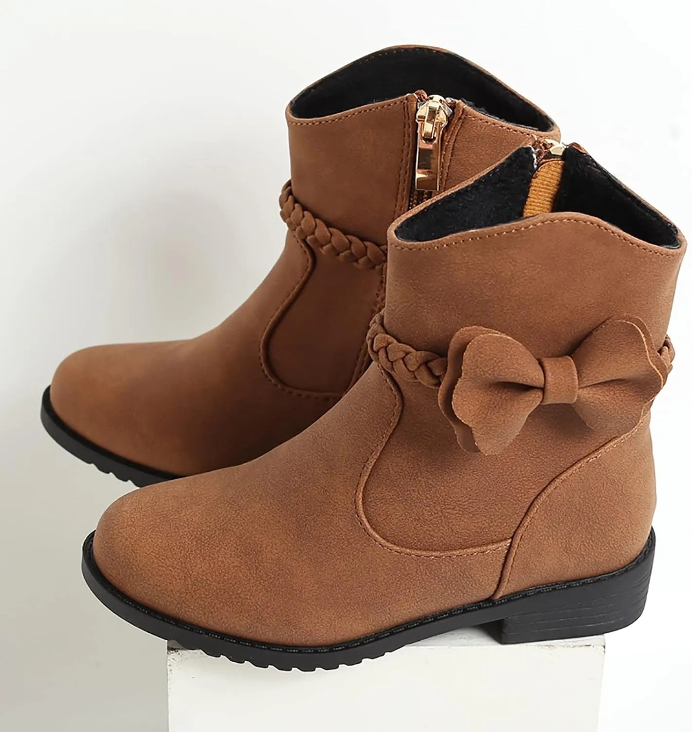 Childrens Leather Side Zipper Booties With Bows Kids Girls aterproof Ankle Boots Toddler Light Cozy Shoes
