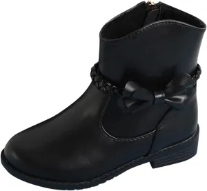 Childrens Leather Side Zipper Booties With Bows Kids Girls aterproof Ankle Boots Toddler Light Cozy Shoes