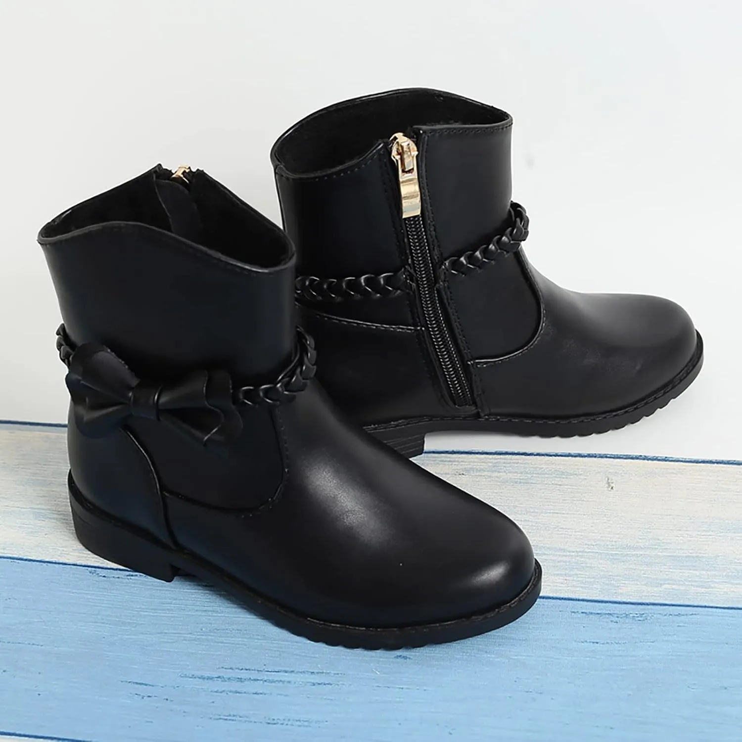 Childrens Leather Side Zipper Booties With Bows Kids Girls aterproof Ankle Boots Toddler Light Cozy Shoes