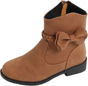 Childrens Leather Side Zipper Booties With Bows Kids Girls aterproof Ankle Boots Toddler Light Cozy Shoes