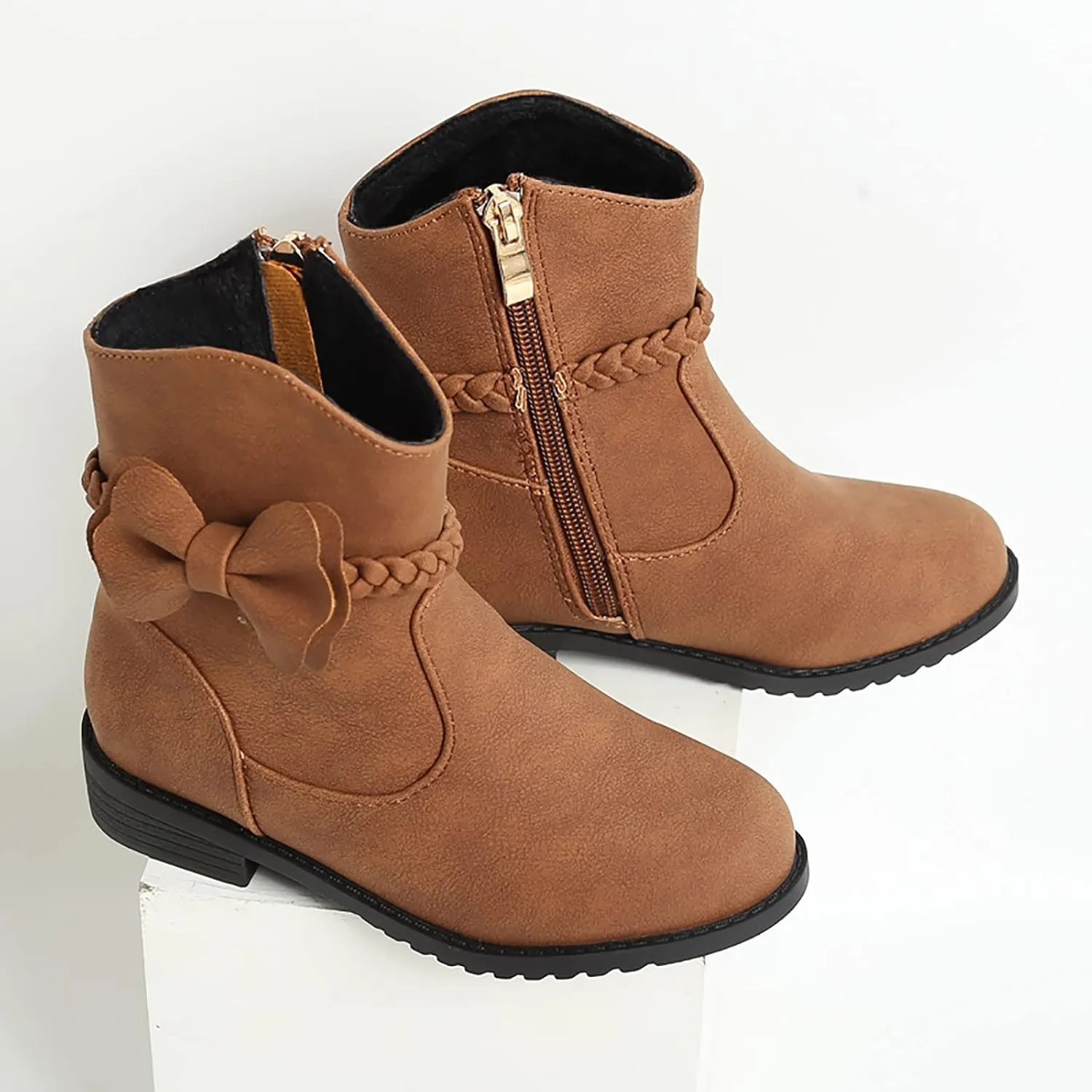 Childrens Leather Side Zipper Booties With Bows Kids Girls aterproof Ankle Boots Toddler Light Cozy Shoes
