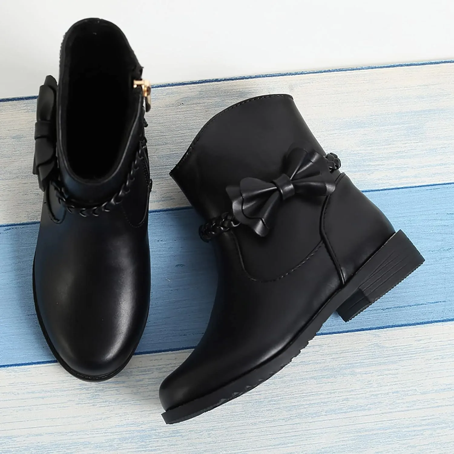 Childrens Leather Side Zipper Booties With Bows Kids Girls aterproof Ankle Boots Toddler Light Cozy Shoes