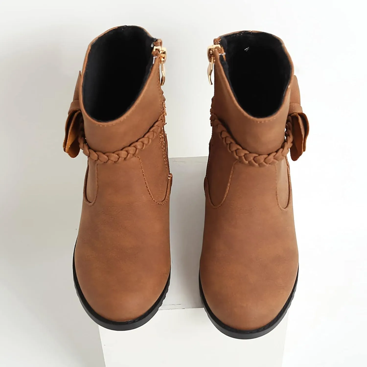 Childrens Leather Side Zipper Booties With Bows Kids Girls aterproof Ankle Boots Toddler Light Cozy Shoes