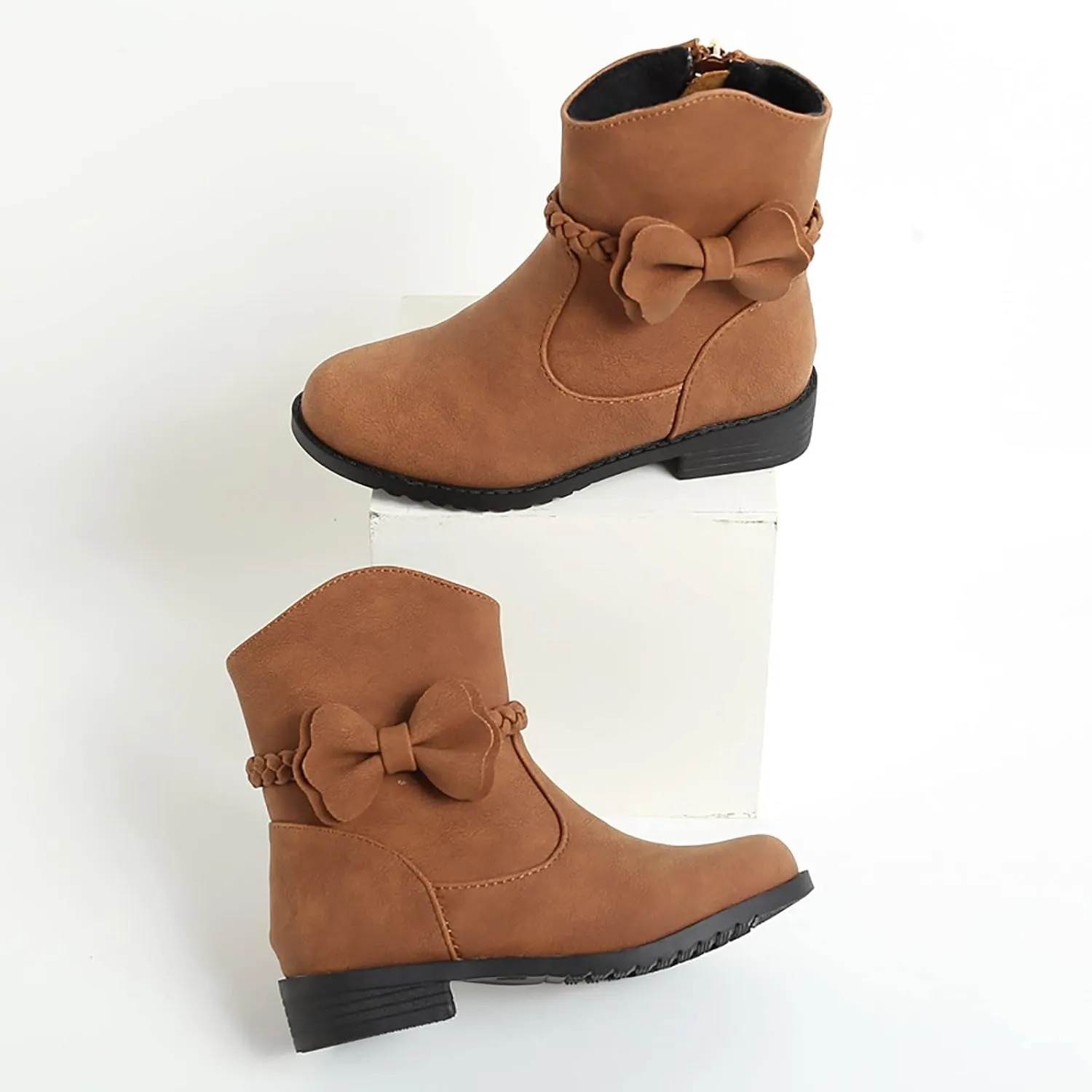 Childrens Leather Side Zipper Booties With Bows Kids Girls aterproof Ankle Boots Toddler Light Cozy Shoes