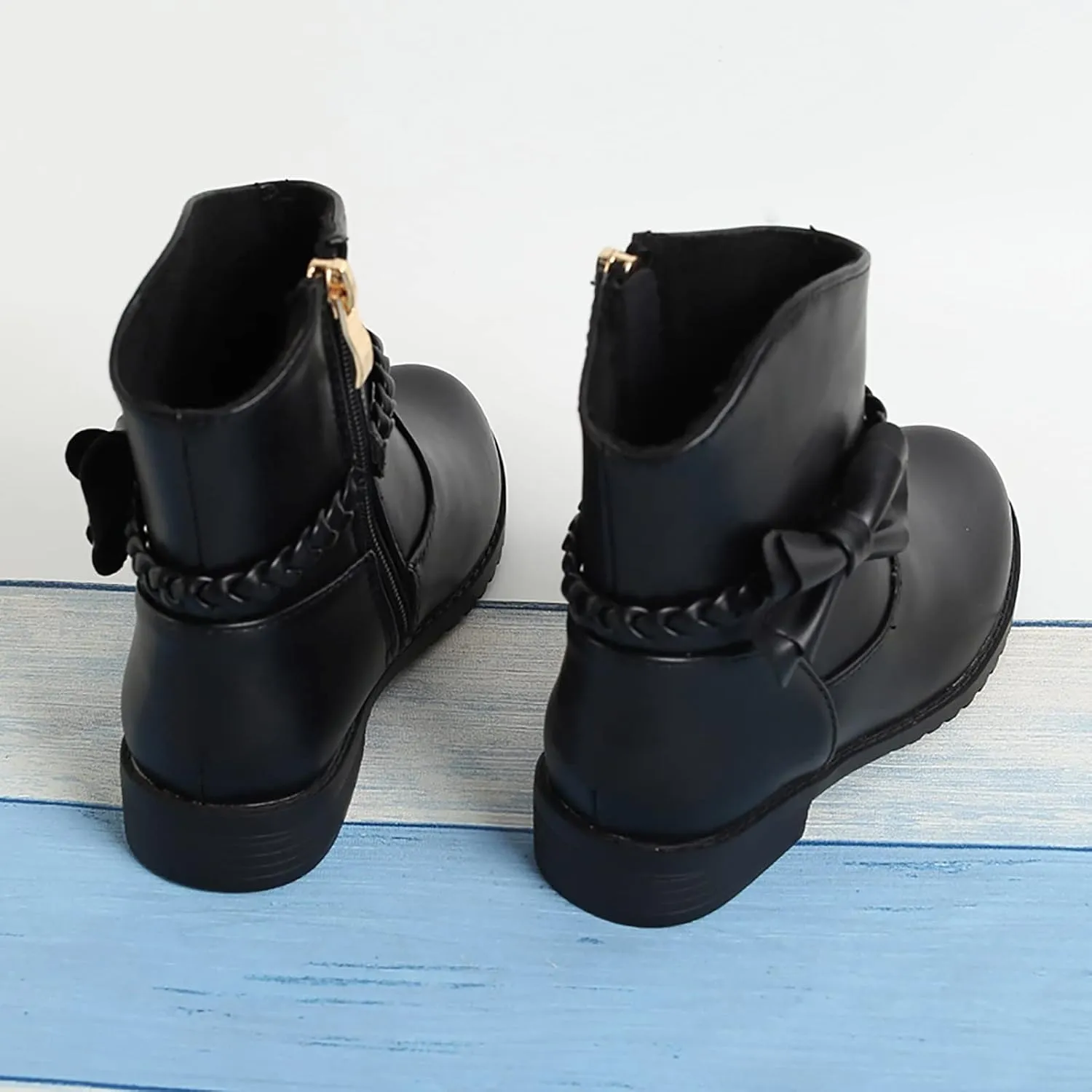 Childrens Leather Side Zipper Booties With Bows Kids Girls aterproof Ankle Boots Toddler Light Cozy Shoes