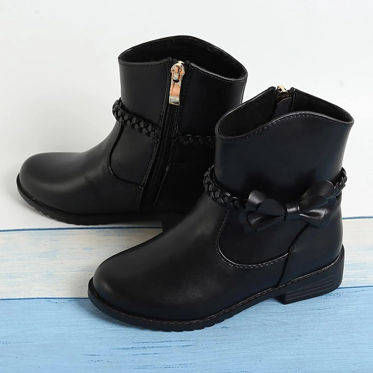 Childrens Leather Side Zipper Booties With Bows Kids Girls aterproof Ankle Boots Toddler Light Cozy Shoes