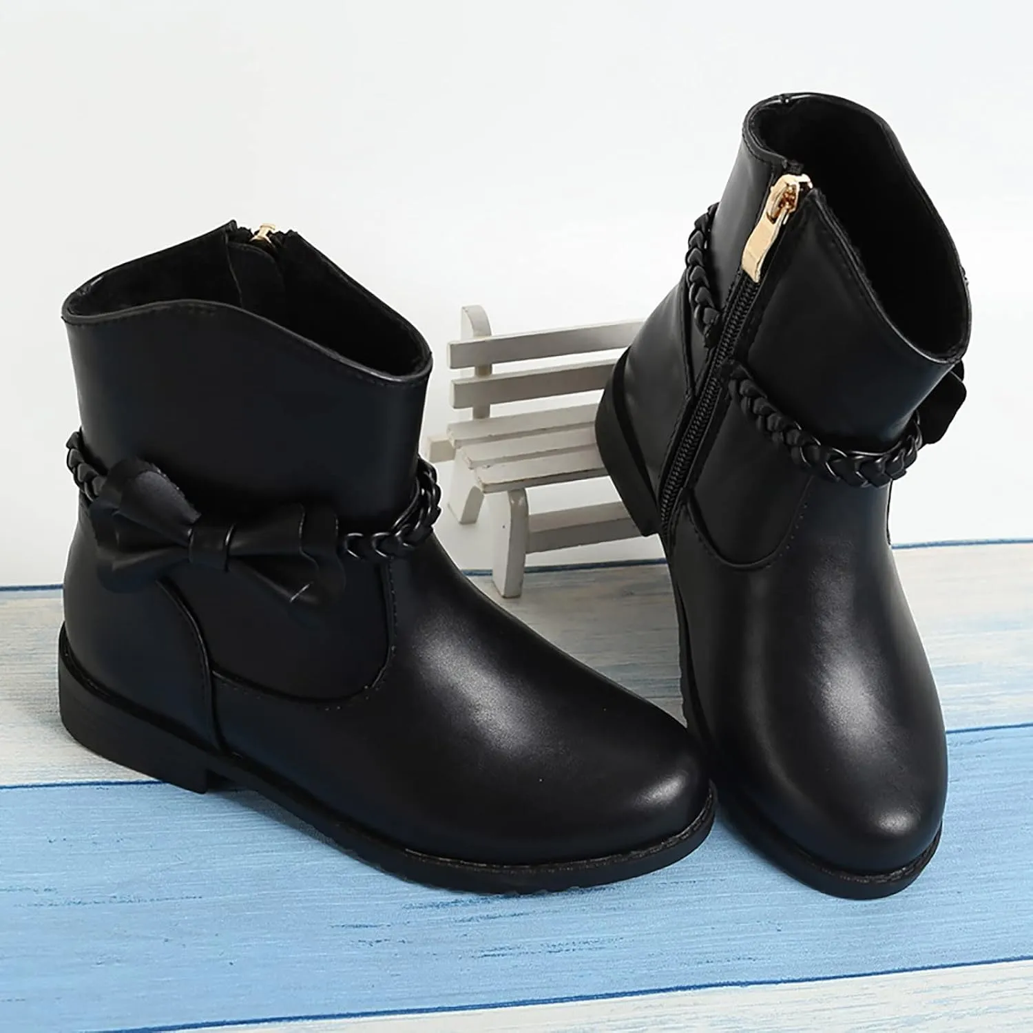 Childrens Leather Side Zipper Booties With Bows Kids Girls aterproof Ankle Boots Toddler Light Cozy Shoes