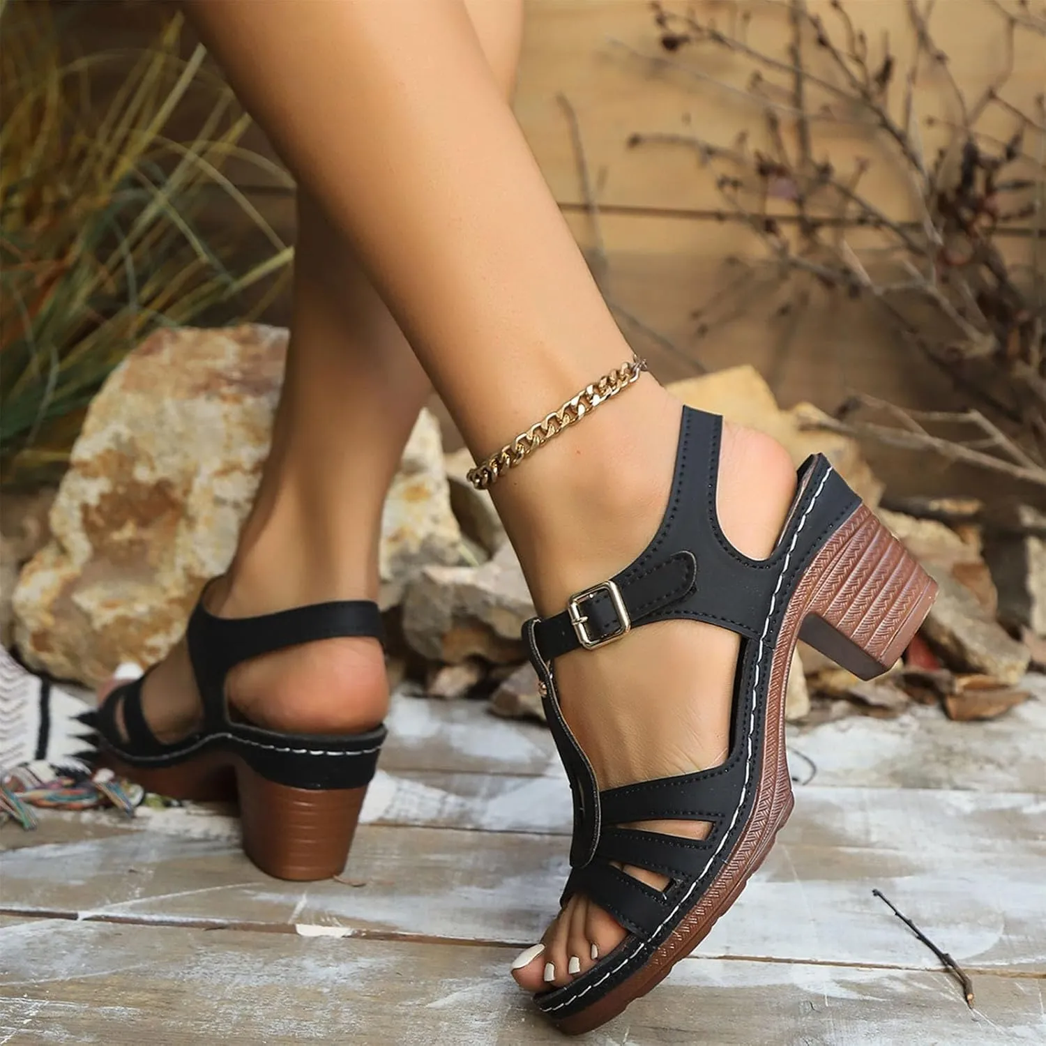Chunky Heel Sandals for Women 2025 Spring Summer Trendy Open Toe Shoes Adjustable Ankle Strap Pu Leather Sandals