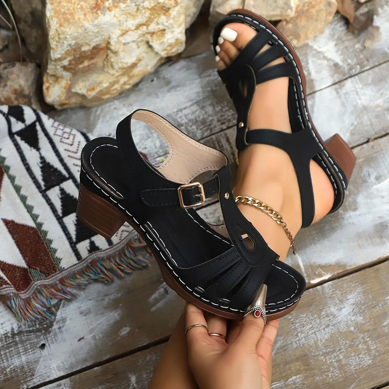 Chunky Heel Sandals for Women 2025 Spring Summer Trendy Open Toe Shoes Adjustable Ankle Strap Pu Leather Sandals