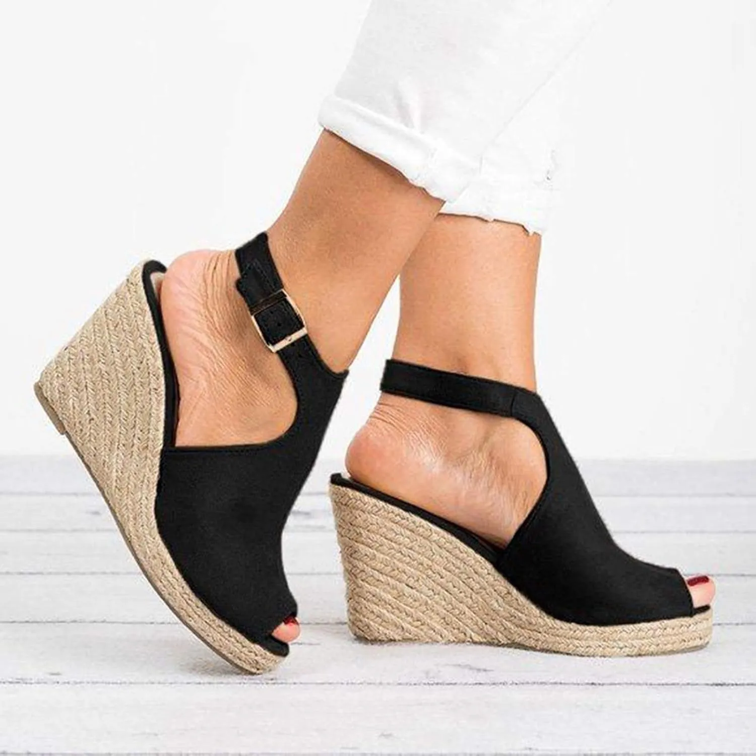 Closed Toe Sandals Women Pointed Toe Closed Toe Suede Wedge Heels Thick Sole Adjustable Buckle Wedge Platform Sandals Slides