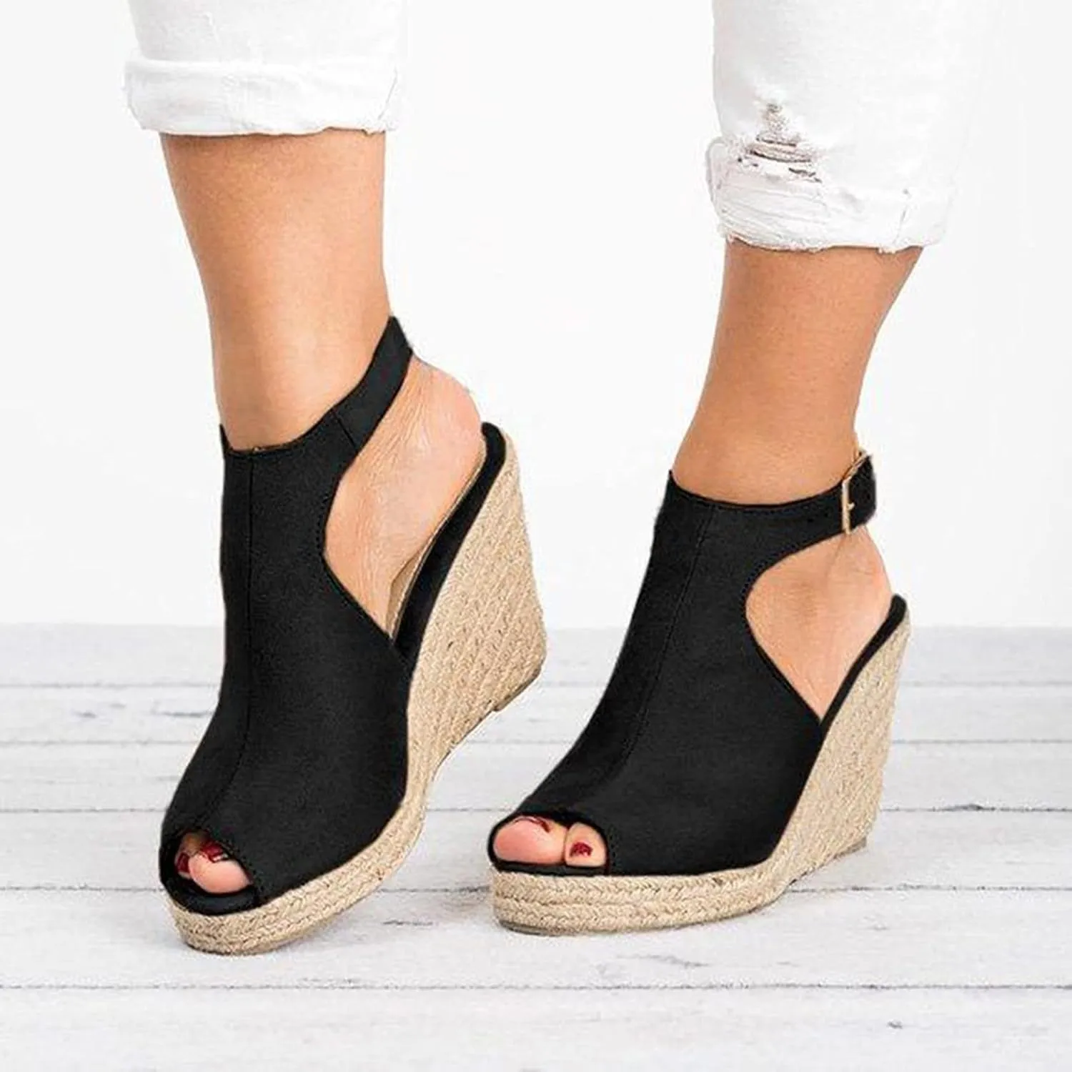 Closed Toe Sandals Women Pointed Toe Closed Toe Suede Wedge Heels Thick Sole Adjustable Buckle Wedge Platform Sandals Slides