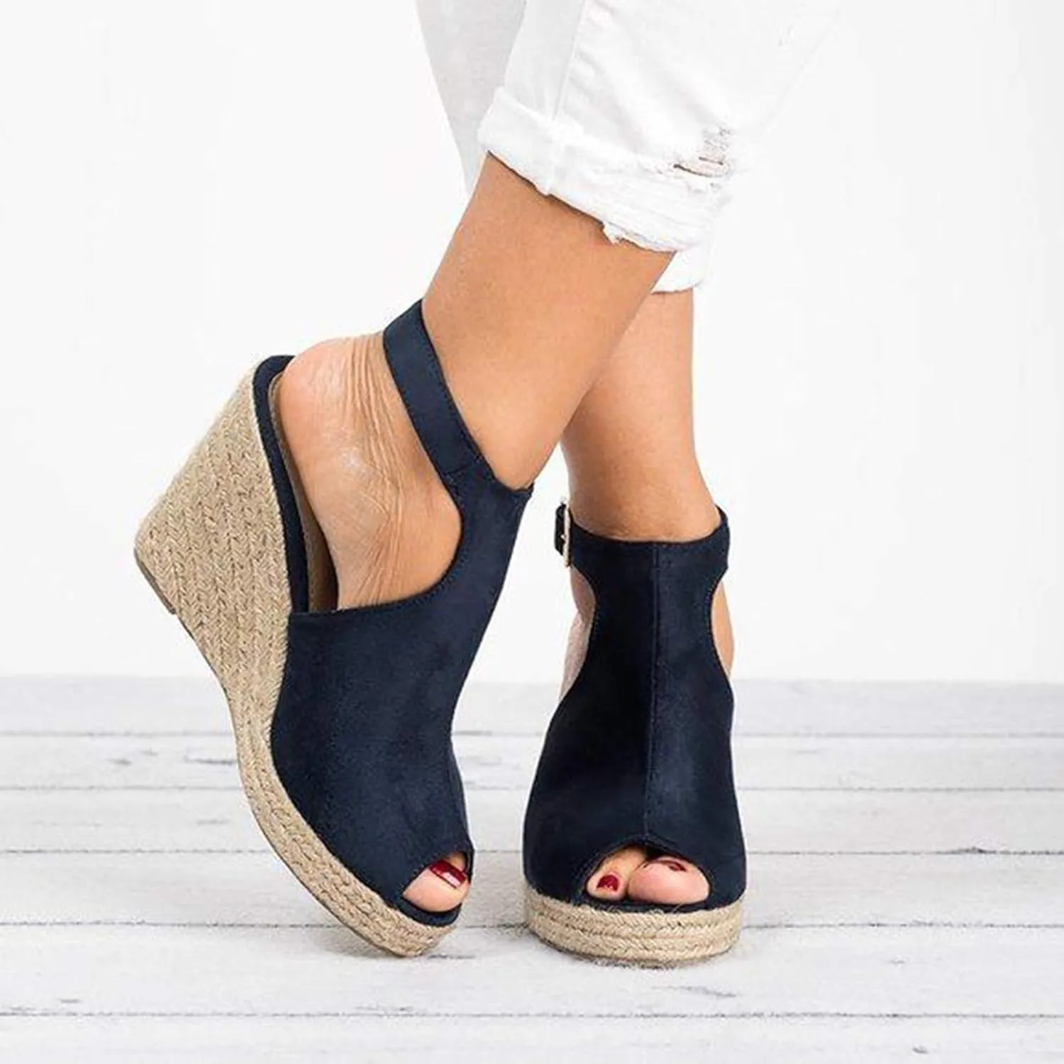 Closed Toe Sandals Women Pointed Toe Closed Toe Suede Wedge Heels Thick Sole Adjustable Buckle Wedge Platform Sandals Slides