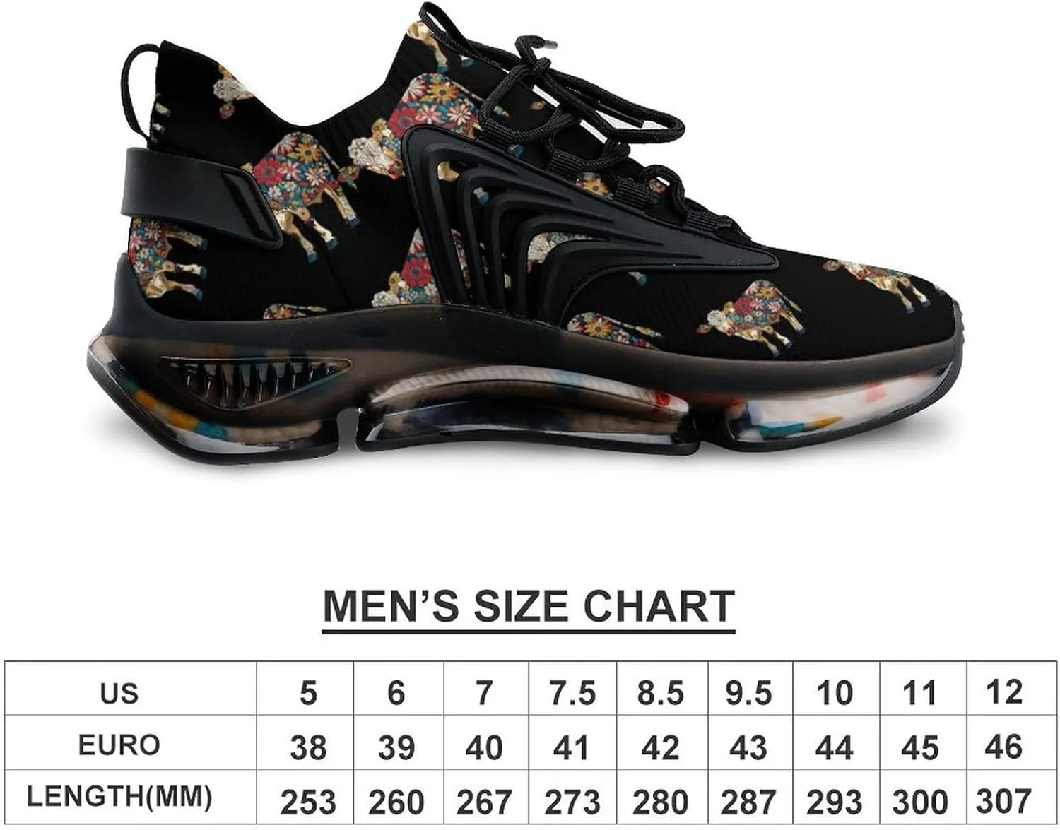 Cow with Flower Pattern Men's Running Shoes Lightweight Walking Shoe Breathable Sneaker
