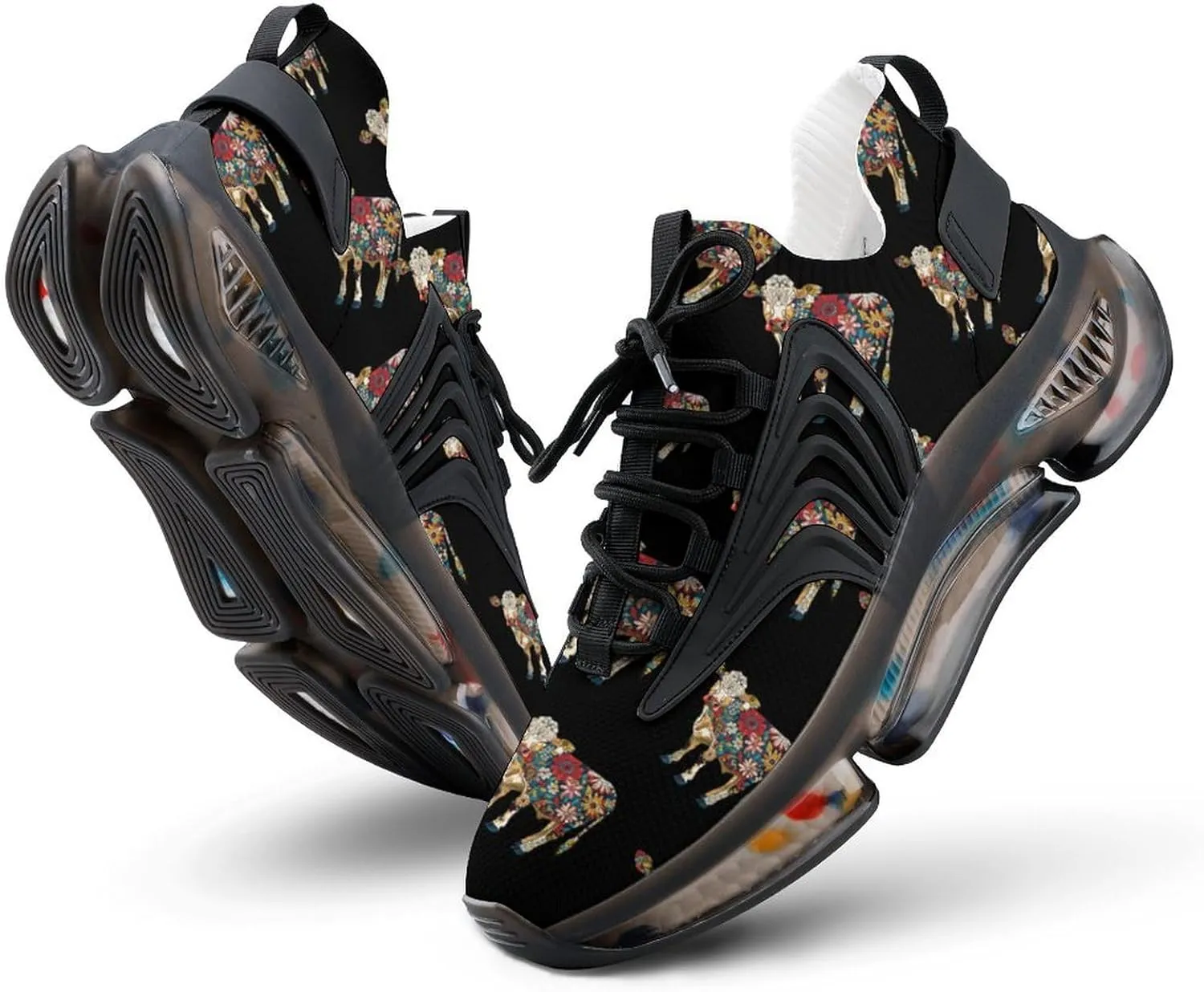 Cow with Flower Pattern Men's Running Shoes Lightweight Walking Shoe Breathable Sneaker