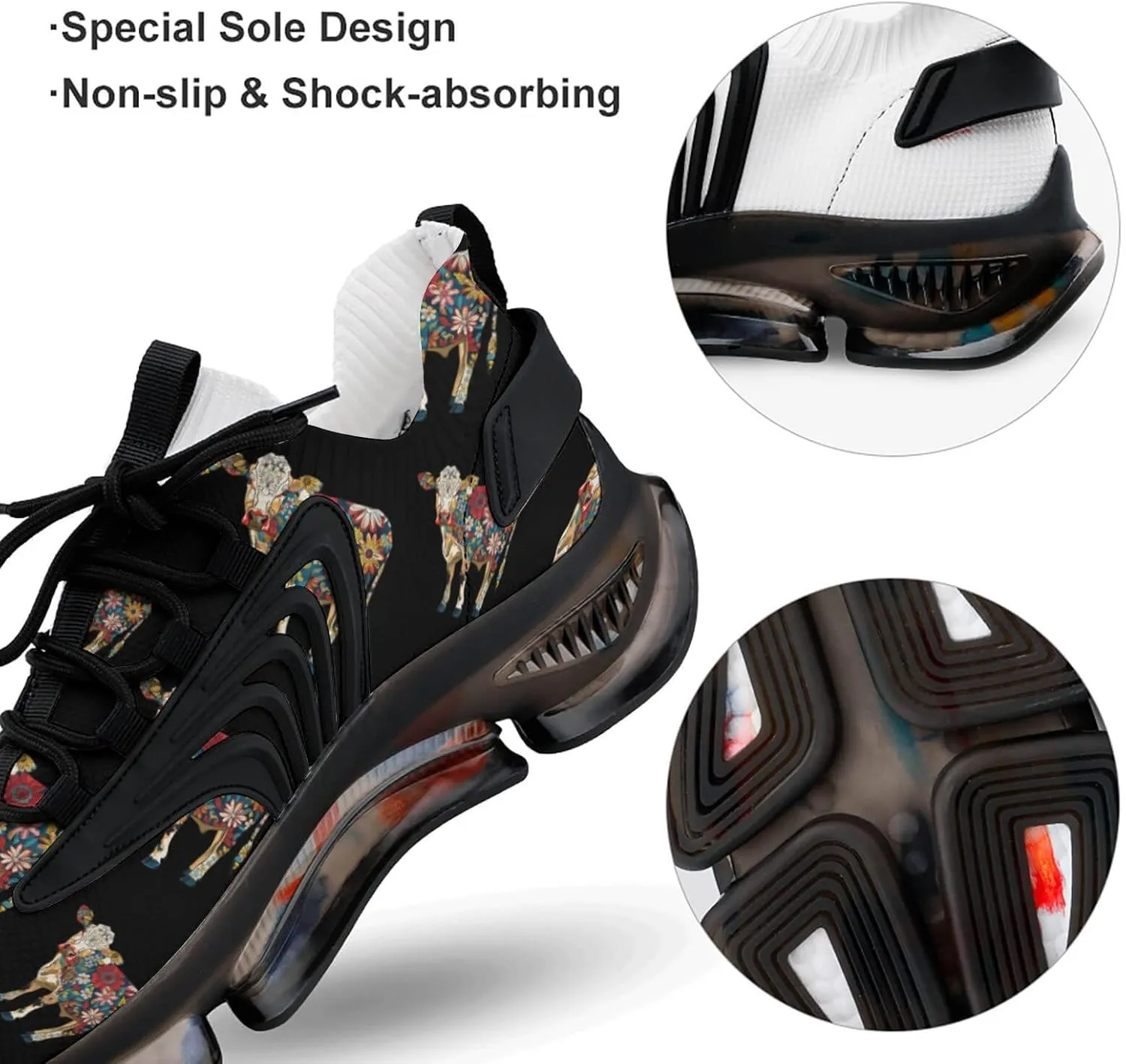 Cow with Flower Pattern Men's Running Shoes Lightweight Walking Shoe Breathable Sneaker