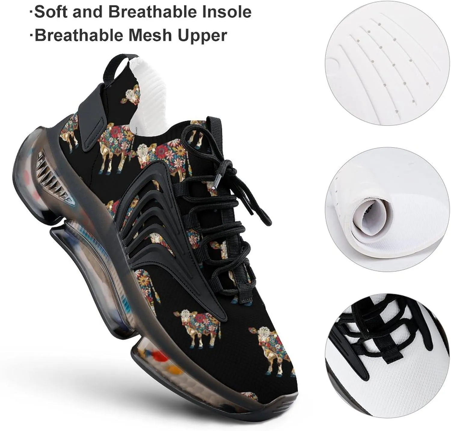 Cow with Flower Pattern Men's Running Shoes Lightweight Walking Shoe Breathable Sneaker