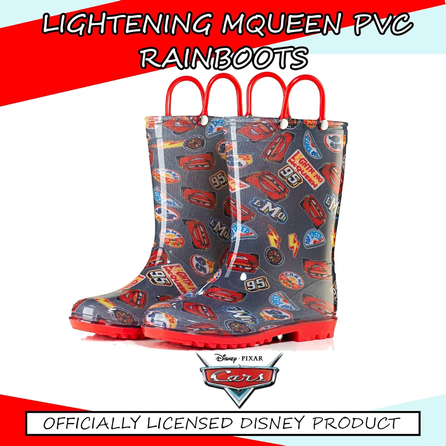 Disney Cars Lightning McQueen PVC Rain Boots for Boys with Easy-On Handles – Toddler & Little Kid Sizes
