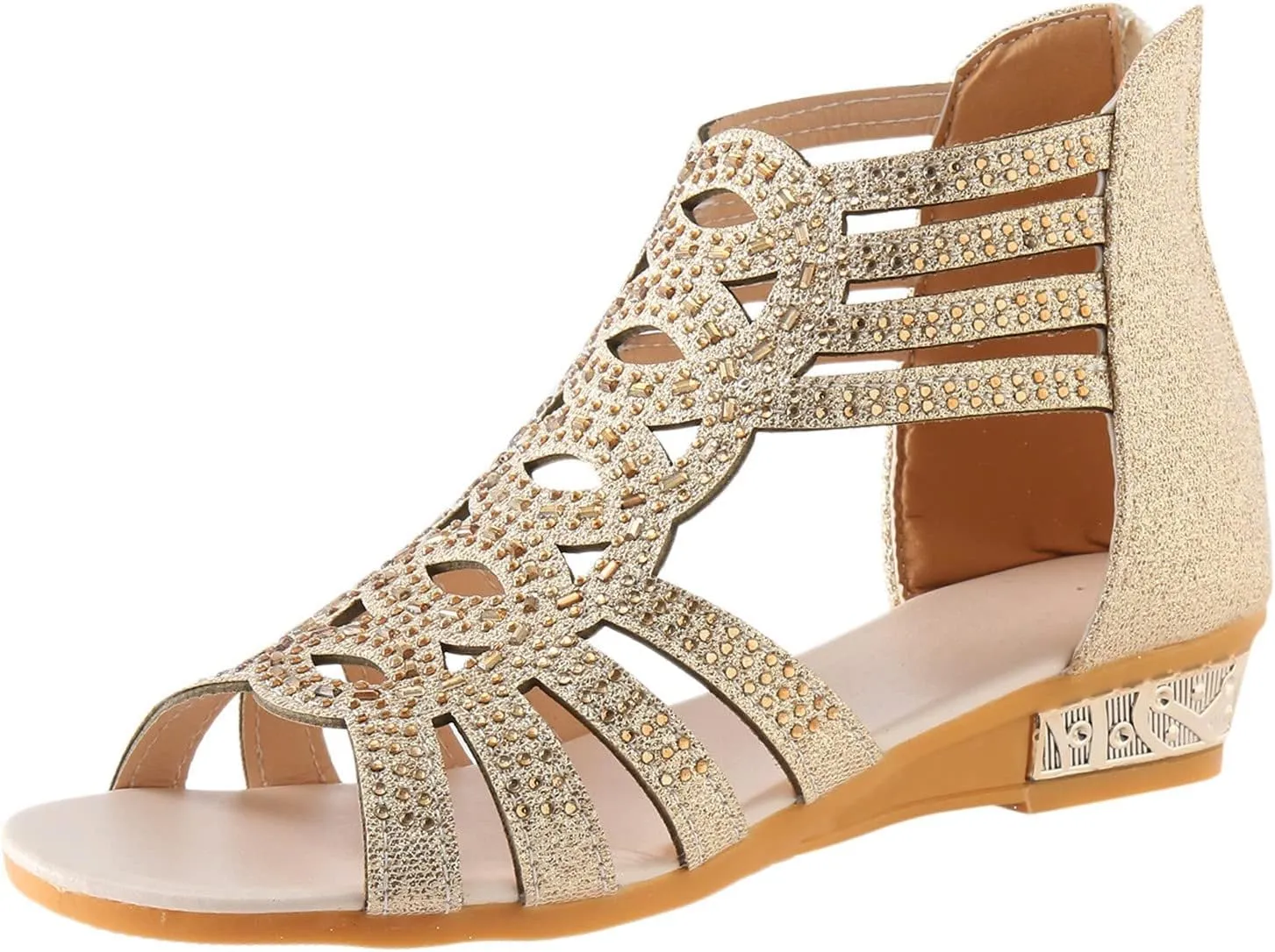 Eduavar Wedge Sandals for Women Sandals Comfortable Sandals Dressy Summer Rhinestone Peep Toe Zip Up Sandals