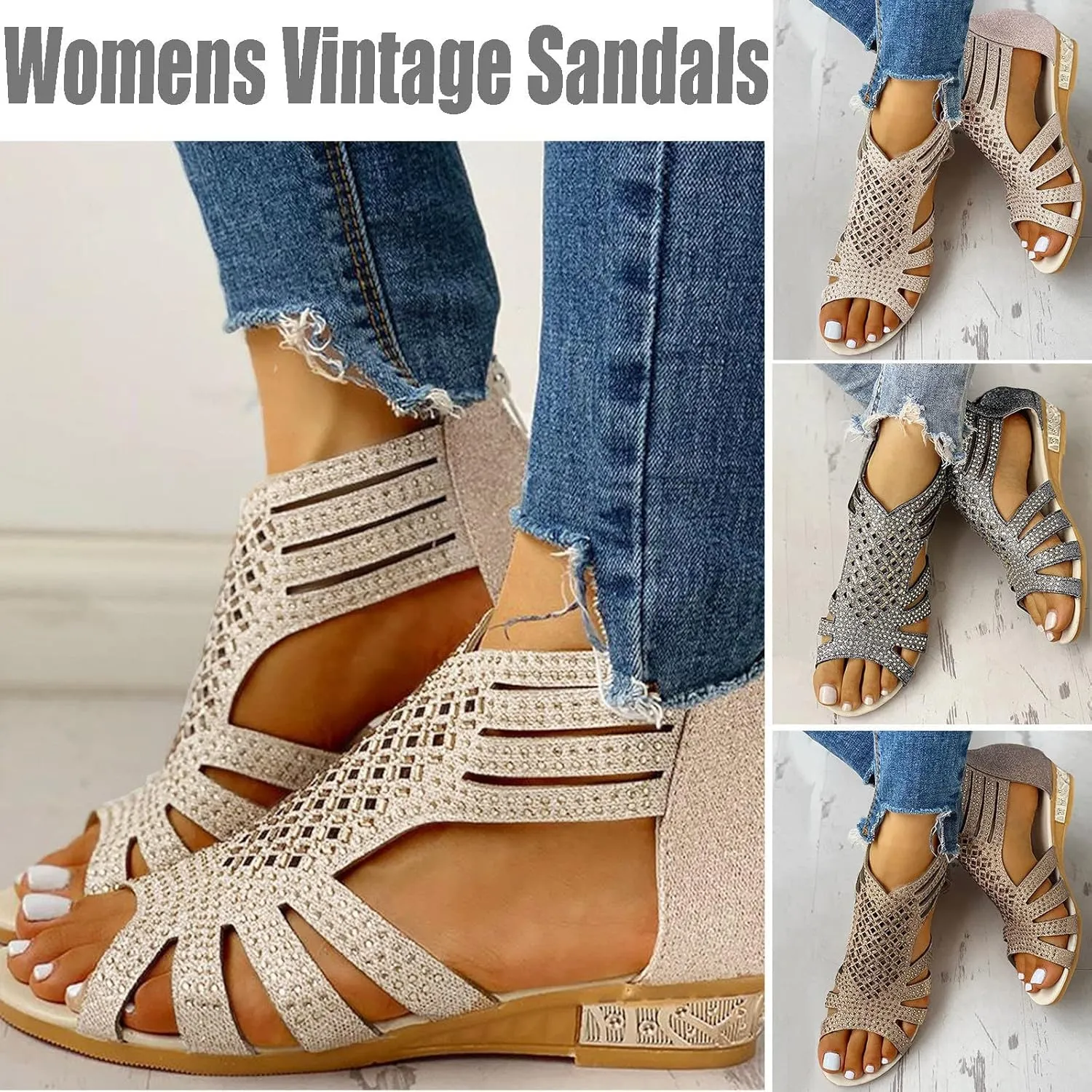 Eduavar Wedge Sandals for Women Sandals Comfortable Sandals Dressy Summer Rhinestone Peep Toe Zip Up Sandals