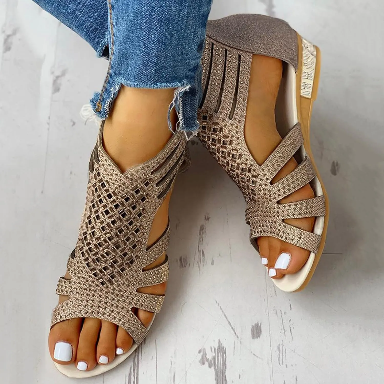 Eduavar Wedge Sandals for Women Sandals Comfortable Sandals Dressy Summer Rhinestone Peep Toe Zip Up Sandals