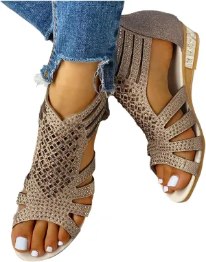 Eduavar Wedge Sandals for Women Sandals Comfortable Sandals Dressy Summer Rhinestone Peep Toe Zip Up Sandals