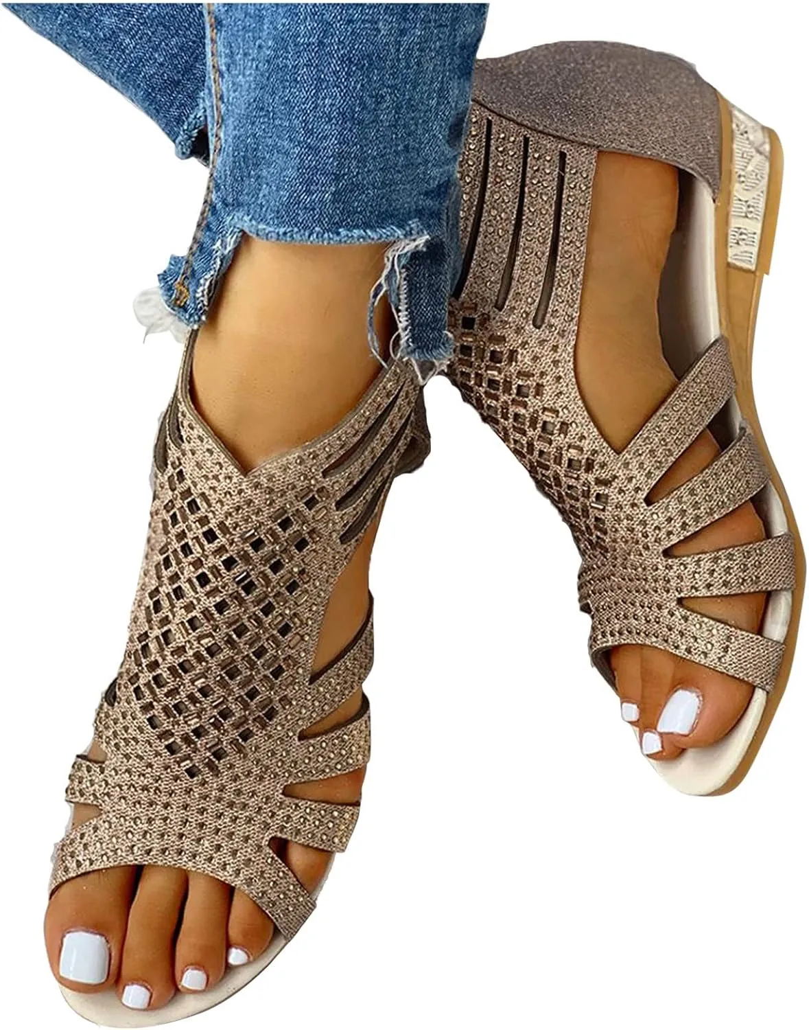 Eduavar Wedge Sandals for Women Sandals Comfortable Sandals Dressy Summer Rhinestone Peep Toe Zip Up Sandals