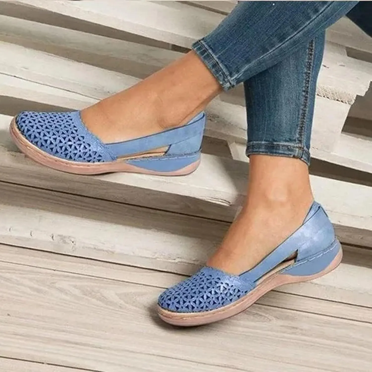 Flats for Women Baotou Hollow Wedge Sandals Low Heels Comfortable Vintage Slip on Shoes Breathable Elastic Sandal