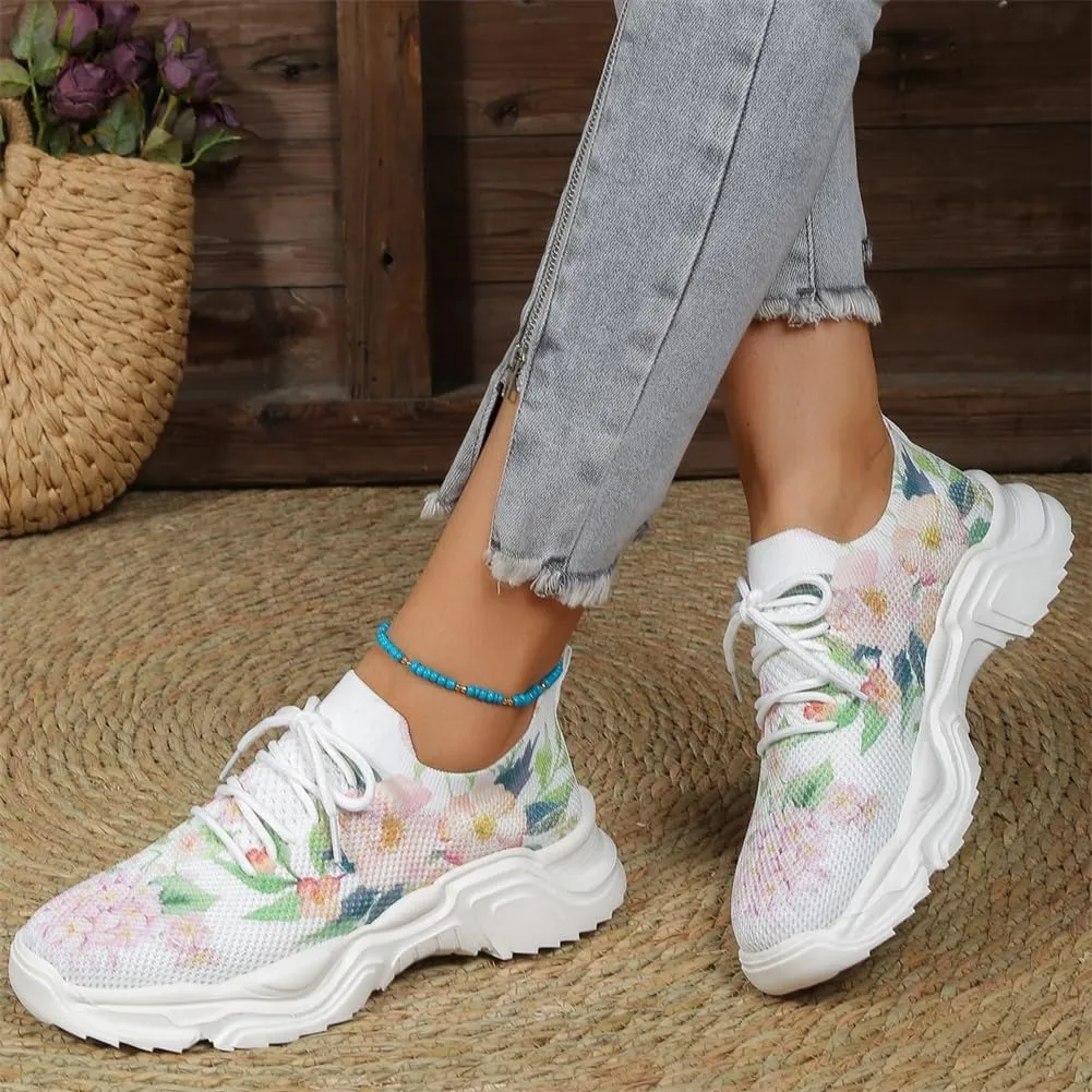 Floral Print Lace-Up Breathable Orthopedic Sneakers,Women's Mesh Breathable Sneakers,Anti-Slip Thick Soled Shoes.