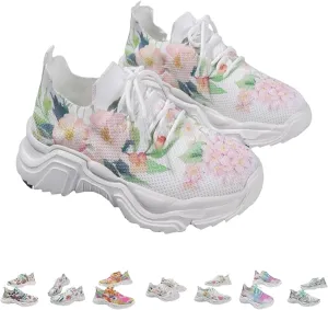 Floral Print Lace-Up Breathable Orthopedic Sneakers,Women's Mesh Breathable Sneakers,Anti-Slip Thick Soled Shoes.
