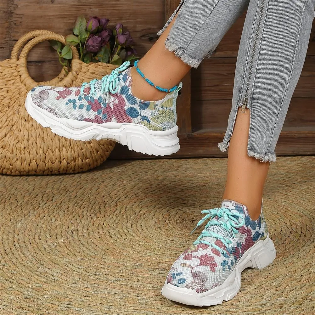 Floral Print Lace-Up Breathable Orthopedic Sneakers,Women's Mesh Breathable Sneakers,Anti-Slip Thick Soled Shoes.