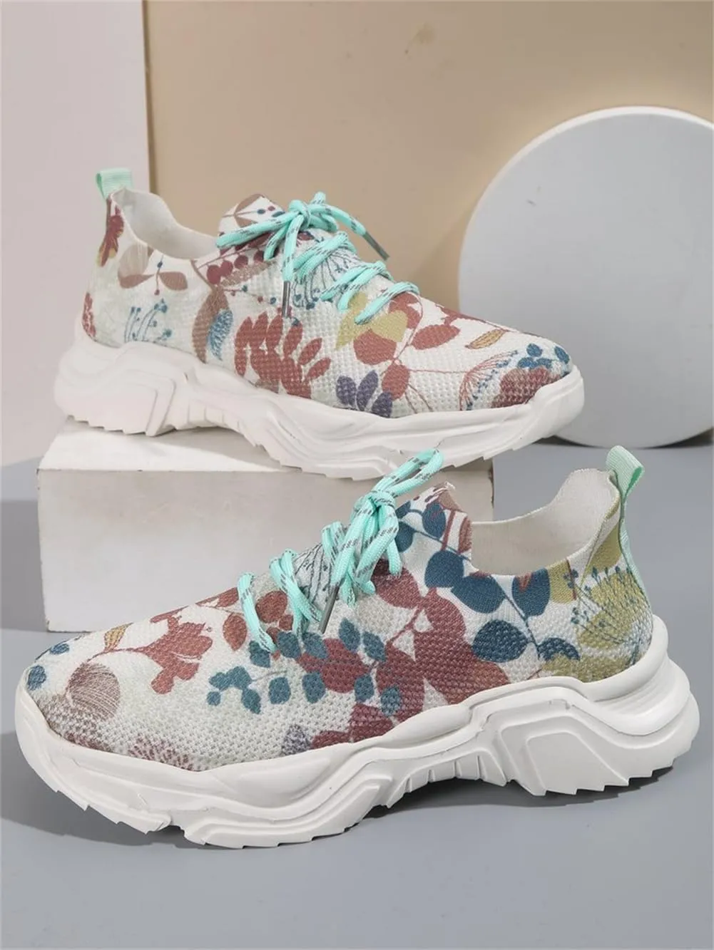 Floral Print Lace-Up Breathable Orthopedic Sneakers,Women's Mesh Breathable Sneakers,Anti-Slip Thick Soled Shoes.