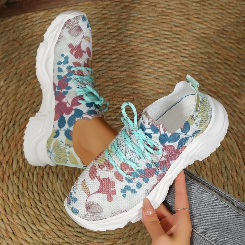 Floral Print Lace-Up Breathable Orthopedic Sneakers,Women's Mesh Breathable Sneakers,Anti-Slip Thick Soled Shoes.